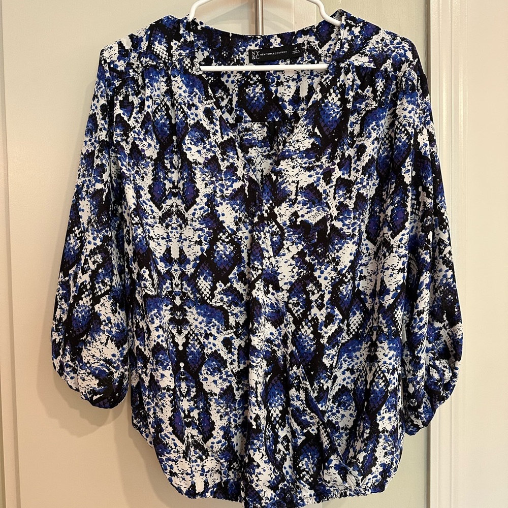 New York & Company Blue and White 3/4 Sleeve Wrap Blouse
